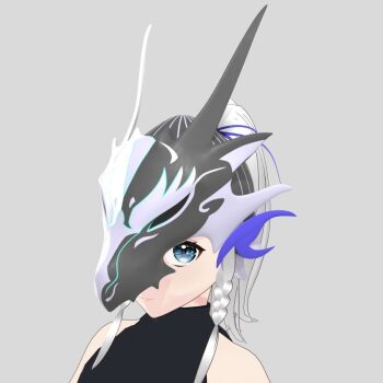 1girl 3d artist_name artist_request blue_eyes breasts covered_eyes dragon_girl female_focus helmet helmet_over_eyes long_hair looking_at_viewer medium_breasts model sidelocks solo solo_focus swordsoul_of_mo_ye white_background white_hair yu-gi-oh!