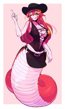 1girl :q absurdres alternate_costume black_hat black_shirt black_skirt blush breasts closed_mouth commentary commission cowboy_hat cowboy_western cross-laced_clothes cross-laced_top crossed_bangs english_commentary finger_gun full_body gun hair_between_eyes hair_ornament hairclip hat highres holstered lamia large_breasts long_bangs long_hair looking_at_viewer miia_(monster_musume) monster_girl monster_musume_no_iru_nichijou one_eye_closed pink_background plunging_neckline pointy_ears red_hair sachiko_shirayuki scales sheriff_badge shirt skirt sleeveless sleeveless_shirt slit_pupils smile solo tongue tongue_out two-tone_background weapon