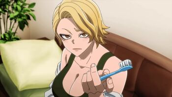 1girl 2025 20s animated animated_gif blonde_hair blush breasts eyeshadow huge_breasts jacket large_breasts makeup pillow plant sazanami_kuina shirt short_hair solo tagme tank_top toothbrush tougen_anki white_shirt yellow_eyes