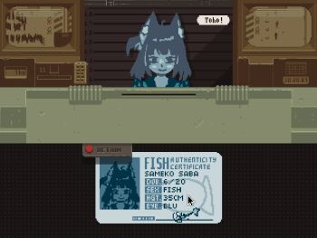 Rule 34 | 1girl, animal ears, cat ears, character name, commentary, crt, cursor, emico otero, english commentary, english text, gameplay mechanics, height chart, height mark, highres, id card, indie virtual youtuber, jacket, looking at viewer, papers please, parody, sameko saba, short hair, sign, solo, virtual youtuber