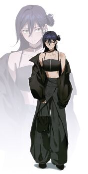 1girl absurdres bag blush choker commentary_request crop_top earrings full_body gundam gundam_gquuuuuux hair_bun half_updo highres holding holding_bag jacket jewelry korean_commentary long_hair midriff navel nyaan_(gundam_gquuuuuux) otakulifewow pants single_hair_bun solo standing streetwear white_background yellow_eyes zoom_layer