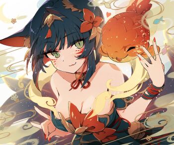 1girl :3 after_hours_spirit_blossom_springs_ahri ahri_(league_of_legends) animal_ear_fluff animal_ears bare_shoulders bell black_hair blue_dress blunt_bangs breasts closed_mouth commentary_request detached_sleeves dress facial_mark fish fox_ears fox_girl fox_shadow_puppet fox_tail fuiyu_(feuille0818) green_eyes hair_intakes hair_ornament heart highres kitsune kyuubi large_breasts league_of_legends looking_at_viewer mole mole_on_breast multicolored_hair multiple_tails nail_polish neck_bell official_alternate_costume official_alternate_hair_color official_alternate_hairstyle red_nails red_streaks short_hair slit_pupils smile solo strapless strapless_dress streaked_hair tail upper_body whisker_markings white_background