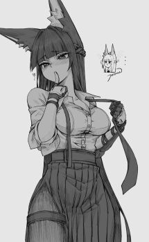 ... 1girl animal_ear_fluff animal_ears black_gloves black_hair black_necktie black_skirt blush breasts chibi collarbone commentary cowboy_shot english_commentary finger_to_mouth fingerless_gloves fox_ears fox_girl gauntlets gloves grey_background greyscale half-closed_eyes heart high-waist_skirt highres holding_necktie hoshimi_miyabi jeffraeson large_breasts long_hair long_skirt monochrome necktie partially_unbuttoned shirt shirt_tucked_in single_fingerless_glove single_gauntlet skirt sleeves_rolled_up solo steam undone_necktie white_shirt zenless_zone_zero