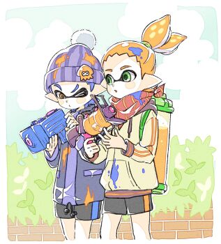 .52_gal_(splatoon) 2boys bandana bandana_around_neck beanie black_shorts cropped_legs green_eyes hair_ornament hair_scrunchie hat highres holding holding_weapon hood hood_down hoodie ink_tank_(splatoon) inkling inkling_boy inkling_player_character jacket long_sleeves male_focus multicolored_scrunchie multiple_boys nintendo one_eye_closed orange_hair pointy_ears pom_pom_(clothes) pom_pom_beanie purple_hair purple_hat purple_jacket red_bandana scrunchie sen_squid short_hair shorts splatoon_(series) splattershot_jr._(splatoon) tentacle_hair third-party_source topknot weapon yellow_eyes yellow_hoodie