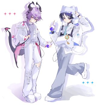 2boys absurdres alternate_costume animal_ear_headwear aqua_gemstone aqua_necktie backpack bag baggy_pants beanie black_hair black_shirt black_tail blue_sleeves blunt_ends blush bright_pupils cable_knit cat_boy cat_tail chain chest_harness closed_mouth collared_shirt contemporary cropped_jacket crossed_bangs cup disposable_cup dragon_boy dragon_horns dragon_tail dragon_wings drinking_straw drop_shadow earflap_beanie eyeliner eyeshadow facial_mark fake_animal_ears feathers foot_up forehead_mark formal_clothes full_body gem genshin_impact grey_pants hair_between_eyes hands_up harness hat heart heart_facial_mark highres holding holding_cup horns id_card jacket japanese_clothes kimono lapels long_sleeves looking_at_viewer makeup male_focus mini_durin_(genshin_impact) mini_durin_(human)_(genshin_impact) multicolored_hair multiple_boys necktie nuuko_09 open_clothes open_jacket overalls pants pink_wings pom_pom_(clothes) purple_eyes purple_hair purple_horns purple_kimono red_eyeliner red_eyes red_eyeshadow scaramouche_(genshin_impact) shirt shoes sketch smile streaked_hair sweater tail torn_clothes torn_pants turtleneck turtleneck_shirt twitter_username two-sided_sleeves undershirt vision_(genshin_impact) wanderer_(genshin_impact) white_background white_bag white_hat white_jacket white_overalls white_pants white_pupils white_shirt white_shoes white_sleeves white_sweater wings wristband yellow_feathers