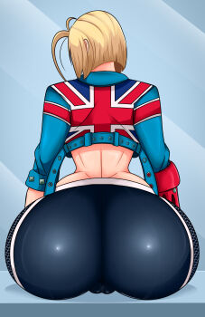 Rule 34 | 1girl, absurdres, ass, ass focus, blonde hair, blue jacket, cameltoe, cammy white, capcom, cropped jacket, female focus, gloves, highres, huge ass, jacket, pants, short hair, sitting, solo, sonson-sensei, street fighter, street fighter 6, tight clothes, tight pants, wide hips, yoga pants