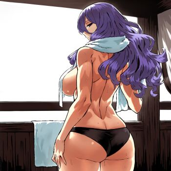 1girl ass breasts butt_crack camilla_(fire_emblem) depravedtsunami fire_emblem fire_emblem_fates gluteal_fold large_breasts long_hair looking_at_viewer looking_back nintendo panties purple_eyes purple_hair sideboob toned toned_female topless_female towel underboob underwear wavy_hair wet