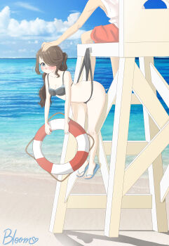 Rule 34 | 1boy, 1girl, absurdres, beach, bikini, black bikini, bloom225, brown hair, bush, chair, flip-flops, hanging wedgie, highres, lifeguard, lifeguard chair, ocean, sandals, swimsuit, wedgie