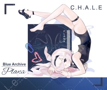 Rule 34 | 1girl, ankle strap, ass, black choker, black eyes, black hairband, black one-piece swimsuit, black pantyhose, black sailor collar, black sandals, black shirt, blue archive, bow, braid, bright pupils, character name, chinese commentary, choker, closed mouth, colored inner hair, commentary request, copyright name, cropped shirt, drop shadow, grey hair, hair bow, hair over one eye, hairband, halo, hanchansiqingyun, heart, heart halo, legs, looking at viewer, multicolored hair, neckerchief, one-piece swimsuit, one eye covered, pantyhose, pink hair, pink halo, pink pupils, plana (blue archive), sailor collar, sample watermark, sandals, scrunchie, shirt, shoe dangle, side braid, single bare foot, single braid, single sandal, solo, swimsuit, swimsuit under clothes, thigh strap, toes, top-down bottom-up, two-tone hair, upside-down, watermark, watermark grid, white background, white bow, white neckerchief, white scrunchie, wrist scrunchie