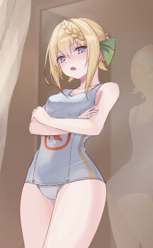 Rule 34 | 1girl, angry, blonde hair, blush, braid, braided bangs, braided bun, breasts, commentary request, cosplay, cowboy shot, crossed arms, hair between eyes, hair bun, highres, kantai collection, looking at viewer, maru-yu (kancolle), maru-yu (kancolle) (cosplay), one-piece swimsuit, perth (kancolle), purple eyes, school swimsuit, solo, swimsuit, white one-piece swimsuit, yuu+