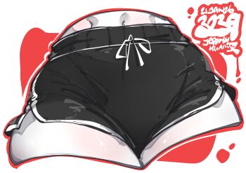 1girl absurdres artist_name black_shorts border commentary crotch_focus dolphin_shorts drawstring english_commentary highres jrpencil original outline outside_border red_background red_outline short_shorts shorts solo tied_drawstring white_border