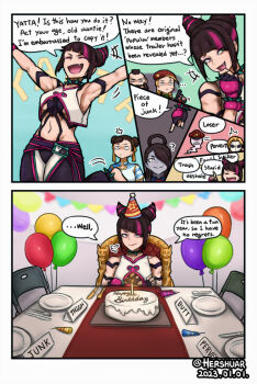 armpits balloon beard beret birthday_cake black_hair blonde_hair braid breasts butter_knife cake cammy_white capcom chair chinese_clothes chun-li closed_mouth collar colored_skin comic commentary cone_hair_bun crossed_arms double_bun earrings english_commentary english_text eyes_visible_through_hair facial_hair fang female_seth_(street_fighter) fingerless_gloves folding_chair food fork ghost gloves grey_skin hair_bun hair_over_one_eye hair_rings han_juri happy_birthday hat hershuar index_finger_raised jewelry knife low_twin_braids m._bison mask medium_breasts mohawk multicolored_hair navel open_mouth outstretched_arms party_hat party_popper pink_hair plate pointing sign single_hair_ring smile smug spiked_collar spikes standing standing_on_one_leg street_fighter street_fighter_6 street_fighter_v table twin_braids two-tone_hair underboob vega_(street_fighter) zangief
