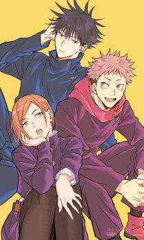 Rule 34 | 1girl, 2boys, :d, arm up, black hair, black jacket, black pants, black pantyhose, boots, brown eyes, brown hair, closed mouth, commentary request, fushiguro megumi, gakuran, hair between eyes, head rest, high collar, highres, hood, hood down, hoodie, itadori yuuji, jacket, jujutsu kaisen, jujutsu tech uniform, kugisaki nobara, long sleeves, multiple boys, open mouth, own hands together, pants, pantyhose, parted bangs, purple jacket, purple pants, purple skirt, red boots, red hoodie, revision, school uniform, shiraki (shiraki shiki), shoes, short hair, simple background, skirt, smile, spiked hair, yellow background