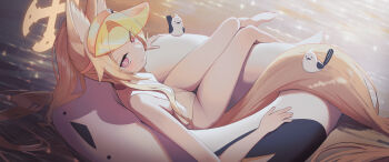 1girl above-cleavage_cutout absurdres animal_ear_fluff animal_ears bad_arm bare_legs bare_shoulders barefoot bird blonde_hair blue_archive breasts closed_mouth clothing_cutout commentary cross_halo feet floating fox_ears fox_girl fox_tail hair_over_one_eye halo highleg highleg_one-piece_swimsuit highres innertube long-tailed_tit long_hair long_tail looking_to_the_side ocean official_alternate_costume official_alternate_hairstyle one-piece_swimsuit pink_eyes ponytail rafrog seia_(blue_archive) seia_(swimsuit)_(blue_archive) sidelocks skinny small_breasts smile solo sunset swim_ring swimsuit tail thighs tit_(bird) very_long_hair visor_cap white_one-piece_swimsuit yellow_halo yellow_visor