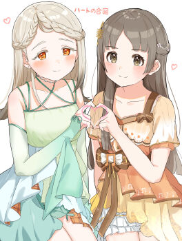 absurdres blonde_hair blunt_ends blush bow braid braided_bangs breasts brown_bow brown_dress brown_eyes brown_hair closed_mouth collarbone colored_eyelashes commentary_request cowboy_shot criss-cross_halter crown_braid detached_sleeves dress dress_bow earrings flipped_hair gakuen_idolmaster gradient_hair green_sleeves grey_hair half_updo halter_dress halterneck hand_up heart heart_hands heart_hands_duo heart_in_heart_hands highres idolmaster jewelry koukei_(idolmaster) kuramoto_china layered_dress long_hair looking_at_viewer multicolored_hair necklace orange_eyes parted_bangs raichita shinosawa_hiro short_dress short_sleeves sitting small_breasts smile split_mouth stud_earrings translation_request white_background