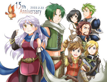 2girls 5boys absurdres ahoge anniversary aogaeru_(pixiv46613656) aran_(fire_emblem) beard bird black_hair blonde_hair blue_eyes bracelet brown_eyes commentary_request connected_beard edward_(fire_emblem) english_text facial_hair fire_emblem fire_emblem:_radiant_dawn green_eyes green_hair grey_eyes highres jewelry laura_(fire_emblem) leonardo_(fire_emblem) long_hair medium_hair micaiah_(fire_emblem) multiple_boys multiple_girls nintendo nolan_(fire_emblem) orange_bird short_hair smile sothe_(fire_emblem) yellow_eyes yune_(fire_emblem)