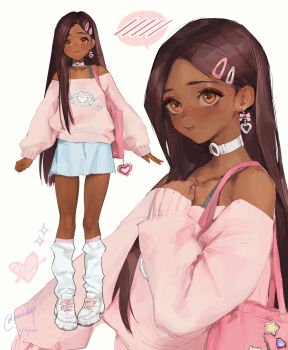 1girl bag blue_skirt brown_hair charm_(object) choker dark-skinned_female dark_skin demi_(nashidrop) earrings full_body hair_ornament hairclip hand_up heart heart_earrings highres jewelry long_hair looking_at_viewer multiple_views nashidrop o-ring o-ring_choker off-shoulder_sweater off_shoulder orange_eyes original pink_sweater print_sweater shoes shoulder_bag single_earring skirt sleeves_past_wrists smile socks solo spoken_blush sweater upper_body white_choker white_shoes white_socks