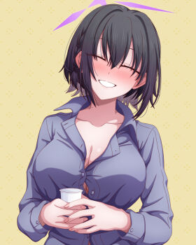 1girl black_hair blue_archive blush breasts button_gap cleavage closed_eyes commentary_request cup dress_shirt drunk facing_viewer grin halo hasebe_akira holding holding_cup large_breasts loose_necktie mole mole_on_neck necktie partially_open_shirt patterned_background purple_halo purple_shirt shirt short_braid short_hair smile solo straight-on subaru_(blue_archive) textless_version tongue upper_body yellow_background