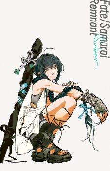 1other ahoge alternate_costume androgynous aqua_ribbon armrest black_hair black_sandals braid braided_ponytail character_name copyright_name fate/samurai_remnant fate_(series) fingerless_gloves footwear_ribbon full_body gloves hair_intakes hair_ribbon highres huangdanlan long_hair ribbon sandals shorts simple_background solo sports_sandals squatting striped_clothes striped_shorts sword sword_on_back vertical-striped_clothes vertical-striped_shorts weapon weapon_bag weapon_on_back yamato_takeru_(fate)