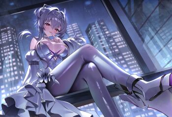 Rule 34 | 1girl, absurdres, armored footwear, armored shoes, building, city, city lights, cityscape, commentary request, goddess of victory: nikke, hair intakes, highres, jellyfish girl, leotard, liberalio (nikke), looking at viewer, night, pantyhose, purple hair, purple leotard, purple pantyhose, red eyes, short hair with long locks, shuvi (shuvi1125), sitting, skyscraper, smile, solo
