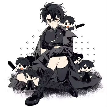 1boy black_coat black_eyes black_hair black_shirt black_shorts boots breasts chest_belt coat curtained_hair elbow_on_knee expressionless head_tilt heterochromia highres knee_up looking_at_viewer mini_person miniboy omniscient_reader&#039;s_viewpoint open_clothes open_coat oversized_clothes scar scar_across_eye scar_on_face secretive_plotter shirt short_hair shorts too_many_clones twle yellow_eyes yoo_joonghyuk yoo_joonghyuk_(999th_turn)