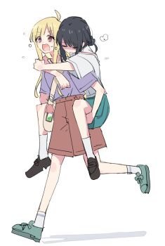 Rule 34 | 2girls, ahoge, black hair, black shoes, blonde hair, brown shorts, carrying, cho kaguya-hime!, closed eyes, exhausted, full body, green shoes, kaguya (cho kaguya-hime!), long hair, multiple girls, open mouth, piggyback, purple shirt, running, sakayori iroha, shiroshi (denpa eshidan), shirt, shoes, short hair, short sleeves, shorts, socks, white background, white shirt, white socks