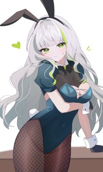 1girl absurdres alternate_costume animal_ears arm_under_breasts black_bow black_bowtie black_gloves blunt_bangs bow bowtie breasts brooch commentary covered_navel cowboy_shot facial_mark fake_animal_ears fake_tail firenze_(stella_sora) fishnet_pantyhose fishnets gloves green_eyes green_hair green_leotard grey_hair hair_intakes heart highres jewelry large_breasts leotard long_hair looking_at_viewer multicolored_hair notice_lines pantyhose playboy_bunny puffy_short_sleeves puffy_sleeves rabbit_ears rabbit_tail short_sleeves shusuchii simple_background solo stella_sora streaked_hair symbol-only_commentary tail two-tone_hair wavy_hair wavy_mouth white_background wrist_cuffs