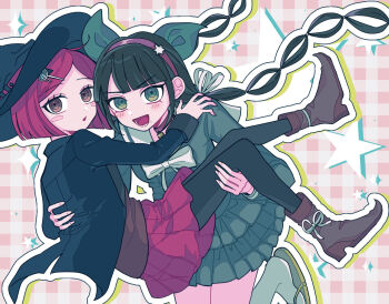 2girls black_hair black_pantyhose blunt_bangs blush blush_stickers bow bowtie brown_eyes brown_vest carrying chabashira_tenko choker collared_jacket commentary_request danganronpa_(series) danganronpa_v3:_killing_harmony eyelashes gem_hair_ornament green_eyes hair_between_eyes hair_ornament hair_ribbon hairband hat jacket layered_skirt long_hair long_sleeves looking_at_viewer low_twintails milk_o mole mole_under_mouth multiple_girls open_mouth outline pantyhose pink_background pink_choker pink_hairband pleated_skirt pointy_shoes princess_carry red_hair ribbon sailor_collar school_uniform shirt shoes short_hair skirt smile star_(symbol) twintails very_long_hair vest white_bow white_bowtie white_outline witch_hat yumeno_himiko yuri