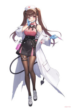 1girl :d absurdres black_pantyhose black_ribbon black_skirt blue_gloves blush brown_hair center_frills coat collared_shirt demon_tail frilled_shirt frills full_body gloves hair_ribbon hat high-waist_skirt highres holding holding_syringe id_card jirai_kei lab_coat long_hair mask mask_pull milyu mouth_mask neck_ribbon nurse_cap open_clothes open_coat open_mouth original pantyhose pink_eyes pink_shirt ribbon shirt shoes simple_background skirt sleeveless sleeveless_shirt smile solo stethoscope surgical_mask syringe tail twintails white_background white_coat white_hat white_shoes