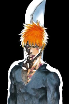 1boy black_background bleach blood brown_eyes bruise bruise_on_face collarbone injury kubo_tite kurosaki_ichigo looking_at_viewer male_focus official_art orange_hair second-party_source short_hair simple_background spiked_hair sword upper_body weapon