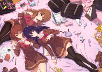 3girls bag black_hair black_thighhighs blue_eyes bow brown_eyes brown_hair cellphone euphonium hibike!_euphonium highres instrument kitauji_high_school_uniform kousaka_reina kurenaiz_(kureniz) kuroe_mayu long_hair looking_at_viewer lying makeup metronome multiple_girls neckerchief on_back oumae_kumiko pen phone pleated_skirt purple_eyes red_neckerchief school_bag school_uniform shoes skirt thighhighs unworn_shoes zettai_ryouiki