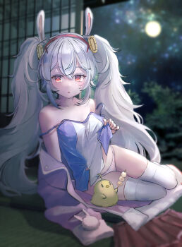 1girl absurdres ahoge azur_lane dango food full_moon highres jacket laffey_(azur_lane) long_hair looking_at_viewer manjuu_(azur_lane) moon night open_mouth panties pink_eyes pink_jacket pink_panties solo striped_clothes striped_panties tanatu_0 thighhighs underwear wagashi white_hair white_thighhighs