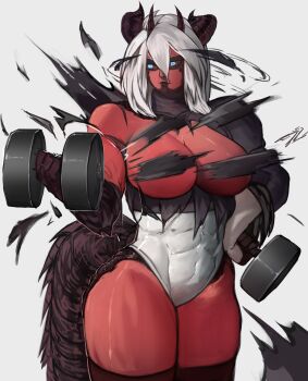 1girl 2b_(nier:automata) 2b_(nier:automata)_(cosplay) absurdres atta_(warrior_atta) black_gloves black_leotard black_scales black_thighhighs blue_eyes breasts cleavage closed_mouth colored_skin commentary commission convenient_censoring cosplay covered_abs cowboy_shot dragon_girl dragon_horns dragon_tail dumbbell exercising exploding_clothes gelldraws gloves grey_background hair_between_eyes highres holding holding_dumbbell horns impossible_clothes impossible_leotard large_breasts leotard medium_hair multiple_horns muscular muscular_female nier:automata nier_(series) original red_skin simple_background solo tail thighhighs torn_clothes wardrobe_malfunction weightlifting white_hair white_leotard