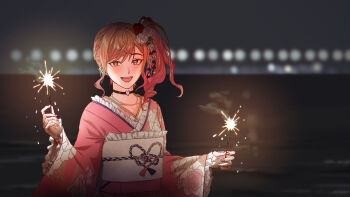 1girl absurdres alice_(dkfl_tm09too) black_collar blurry blurry_background blush collar collarbone commentary english_commentary fireworks highres holding holding_fireworks hololive ichijou_ririka japanese_clothes kimono open_mouth pink_eyes pink_hair pink_kimono smile solo sparkler upper_body virtual_youtuber