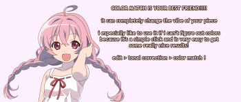 1girl 2000s_(style) ahoge bk_(barakoodra) braid commentary dot_nose english_commentary fang faux_retro_artstyle highres how_to long_hair looking_at_viewer low_twin_braids open_mouth original pink_hair red_eyes smile solo twin_braids