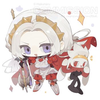 1girl armor armored_dress arms_up axe black_gloves cape chibi chibi_only commentary_request commission crossover dress edelgard_von_hresvelg fire_emblem fire_emblem:_three_houses floating floating_hair furry gen_8_pokemon gloves hair_floating_upwards hakunaru headband headpiece highres holding holding_axe holding_weapon long_hair looking_at_viewer looking_to_the_side nintendo open_mouth parted_bangs pokemon purple_eyes raboot red_cape red_eyes standing weapon white_background white_hair
