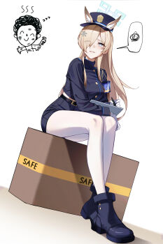 1boy 1girl absurdres anger_vein animal_ear_fluff animal_ears black_hat black_jacket black_shoes black_shorts blonde_hair blue_archive blue_eyes blue_halo blush box breasts cosplay dog_ears dog_girl dong_(art_woodong) doodle_sensei_(blue_archive) eyes_visible_through_hair fang gloves hair_over_one_eye halo hat highres holding holding_pen holding_tablet_pc jacket kanna_(blue_archive) long_hair medium_breasts nozomi_(blue_archive) nozomi_(blue_archive)_(cosplay) on_box pantyhose parted_lips pen sensei_(blue_archive) shoes shorts sidelocks sitting sitting_on_box smile spoken_squiggle squiggle tablet_pc white_gloves white_pantyhose