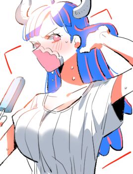 1girl blue_hair blush breasts collarbone commentary food holding holding_food holding_popsicle horns large_breasts long_hair looking_at_viewer lowres mask mouth_mask one_piece pink_eyes popsicle raine_(acke2445) shirt short_sleeves simple_background solo sweat symbol-only_commentary ulti_(one_piece) upper_body white_background white_shirt