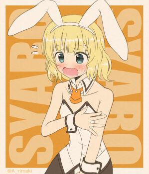 1girl a_rimaki animal_ears blonde_hair blush commentary_request cowboy_shot gochuumon_wa_usagi_desu_ka? highres leotard open_mouth pantyhose playboy_bunny rabbit_ears white_leotard wrist_cuffs yellow_background