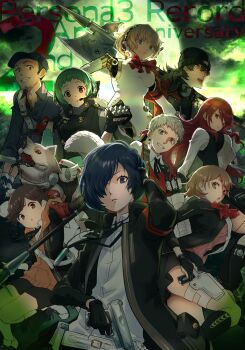 4girls 5boys absurdres aigis_(persona) amada_ken android animal anniversary aqua_hair aragaki_shinjirou armband arrow_(projectile) axe baseball_cap beanie black_hair black_jacket black_shorts black_skirt black_socks blonde_hair blue_eyes blue_hair blue_shirt bow bowtie breasts brown_eyes brown_hair cardigan closed_mouth coat commentary_request copyright_name digital_walkman dog evoker feet_out_of_frame full_moon gekkoukan_high_school_uniform green_sky grey_hair gun hat headset highres holding holding_axe holding_gun holding_weapon holster hood hood_down hoodie iori_junpei jacket joints kirijou_mitsuru kneehighs koromaru_(persona) kurosususu large_breasts long_hair miniskirt moon mp3_player multiple_boys multiple_girls neck_ribbon open_clothes open_jacket orange_hoodie parted_lips persona persona_3 persona_3_reload pink_cardigan quiver red_armband red_bow red_bowtie red_eyes red_hair red_sweater_vest ribbon robot_joints s.e.e.s sanada_akihiko school_uniform shirt short_hair shorts skirt sky socks spiked_knuckles sweater_vest takeba_yukari thigh_holster thighs upper_body weapon white_shirt yamagishi_fuuka yuuki_makoto_(persona_3)