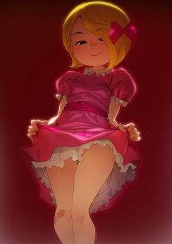 Rule 34 | 1girl, bandaid, bandaid on knee, bandaid on leg, black eyes, blonde hair, bow, breasts, clothes lift, dress, dress lift, hair over one eye, half-closed eyes, harriet m. welsch, harriet the spy, highres, jcm2, light blush, looking at viewer, no panties, petticoat, pink bow, pink dress, red background, seductive smile, short hair, small breasts, smile, standing