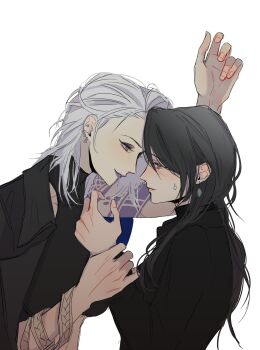 2girls absurdres arm_tattoo black_hair black_shirt blush breasts chief_(path_to_nowhere) commentary_request ear_piercing earrings female_chief_(path_to_nowhere) grey_eyes highres holding_another&#039;s_wrist jewelry kabedon korean_commentary long_hair looking_at_another medium_hair multiple_girls parted_lips path_to_nowhere piercing purple_lips shirt simple_background smile ssozei sweatdrop tattoo upper_body white_background white_hair yuri zoya_(path_to_nowhere)