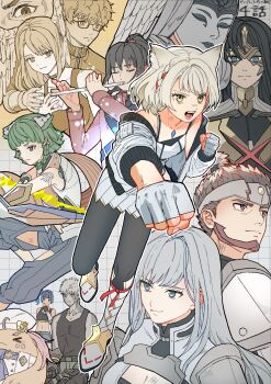 Rule 34 | 6+boys, 6+girls, animal ears, armor, bare shoulders, black hair, black pantyhose, blue eyes, breasts, cat ears, cat girl, character request, chest jewel, clenched hands, commentary, english commentary, eunie (xenoblade), fingerless gloves, gloves, green eyes, green hair, grey hair, head wings, high ponytail, highres, instrument, jacket, long hair, miniskirt, mio (xenoblade), multiple boys, multiple girls, music, n (xenoblade), noah (xenoblade), nopon, off shoulder, pantyhose, playing instrument, pleated skirt, ponytail, punching, red jacket, rico ot, short hair, skirt, small breasts, tank top, white gloves, white jacket, white skirt, white tank top, wings, xenoblade chronicles (series), xenoblade chronicles 3, yellow eyes