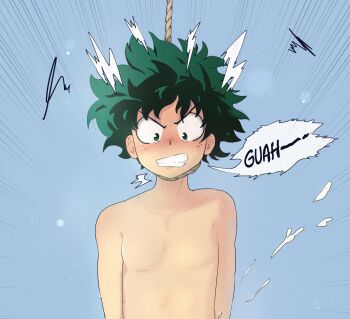 1boy boku_no_hero_academia clenched_teeth completely_nude cropped execution green_eyes green_hair hanged male_focus midoriya_izuku motion_lines noose nude paid_reward_available simple_background solo stillwater teeth white_background