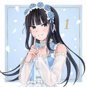 1girl alternate_costume bare_shoulders black_hair blue_background blue_dress blue_eyes blurry commentary_request dress highres kurosawa_dia long_hair love_live! love_live!_sunshine!! my_234_wht smile solo teeth upper_body