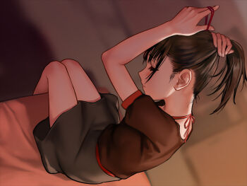 Rule 34 | 1girl, arms up, as109, blush, brown hair, brown shirt, closed eyes, closed mouth, dutch angle, female focus, from above, from side, halterneck, indoors, leaning forward, legs together, on bed, ponytail, shirt, short sleeves, shoujo to ura roji, sitting, skirt, solo, tying hair