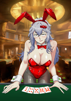 1girl absurdres animal_ears bow bowtie breasts card casino cleavage commentary_request detached_collar fake_animal_ears goddess_of_victory:_nikke grey_hair hair_ornament hairband hairclip highres indoors large_breasts leotard long_hair ogirin3948 playboy_bunny playing_card poker_table rabbit_ears red_bow red_bowtie red_hairband red_leotard solo standing strapless strapless_leotard table white_wrist_cuffs wrist_cuffs yellow_eyes yulha_(nikke)
