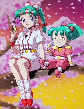 Rule 34 | 2girls, :t, ^ ^, age comparison, aqua hair, belt, black shirt, blue eyes, boots, bow, braid, braided ponytail, cherry blossoms, closed eyes, closed mouth, commentary request, dango, dual persona, eating, falling petals, food, full body, hair bow, hand up, happy, headband, high ponytail, highres, holding, holding food, in tree, jacket, japanese clothes, looking at another, mashin eiyuuden wataru, mashin eiyuuden wataru 2, mizutani kenta, multiple girls, open mouth, outdoors, pants, petals, pink bow, pink pants, pink shirt, pink shoes, ponytail, sanshoku dango, shinobibe himiko, shirt, shoes, short sleeves, shoulder pads, sideways glance, single braid, sitting, sitting in tree, smile, time paradox, tree, wagashi, white belt, white boots, white bow, white headband, white jacket, wristband