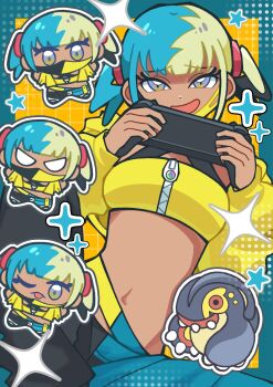 1girl aqua_hair bandeau black_mask blonde_hair blue_eyes breasts canari_(pokemon) chibi colored_sclera criss-cross_straps dark-skinned_female dark_skin eel eelektross fangs fish fyrvwyhrdgjlfka gen_5_pokemon handheld_game_console highres holding holding_handheld_game_console jacket lamprey long_sleeves looking_at_viewer mask mask_pull mega_stone mouth_mask multicolored_hair navel nintendo one_eye_closed open_mouth pants pokemon pokemon_(creature) pokemon_legends:_z-a red_sclera short_twintails smile sparkle split-color_hair sports_bra star_(symbol) tongue tongue_out twintails two-tone_hair two-tone_mask two-tone_pants yellow_bandeau yellow_jacket yellow_mask yellow_sports_bra