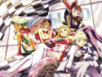 1990s_(style) 5girls aoi_zip_campaign_girl ass blonde_hair breasts brown_hair cleavage cyberformula dark_skin dark-skinned_female elbow_gloves eyeshadow fishnets flag future_gpx_cyber_formula glasses gloves green_hair heart hisayuki_hirokazu japanese_clothes large_breasts lipstick makeup medium_breasts missing_link_campaign_girl multiple_girls race_queen sitting smile storm_zender_campaign_girl sugo_grand_prix_campaign_girl tabi thighhighs umbrella union_savior_campaign_girl